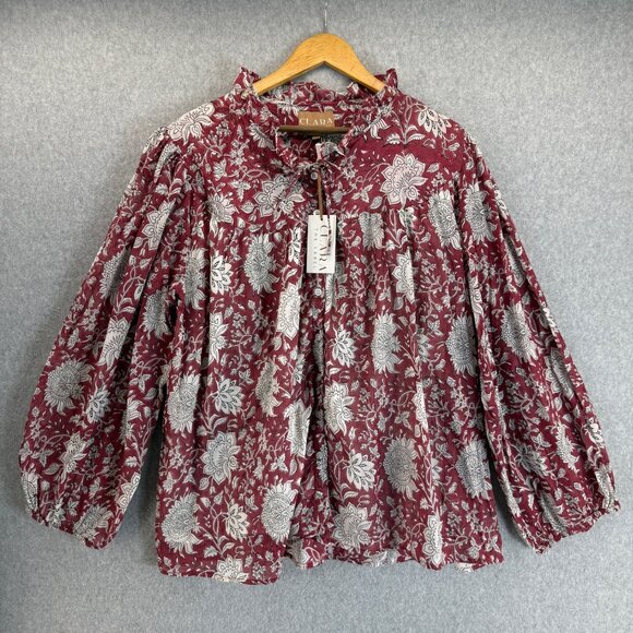 Clara The Label Size 3XL Red Floral Ruffle Neck Blouse Long Sleeves Cotton NWT‎ - Picture 1 of 15